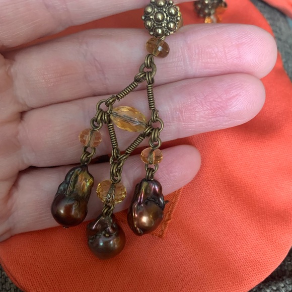 STEPHEN DWECK gorgeous bronze tone chandelier earrings baroque pearls & crystals - Picture 7 of 7